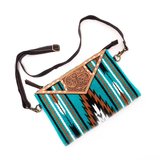 Saddle Blanket With Tooled Leather Large Clutch Bag- Turquoise