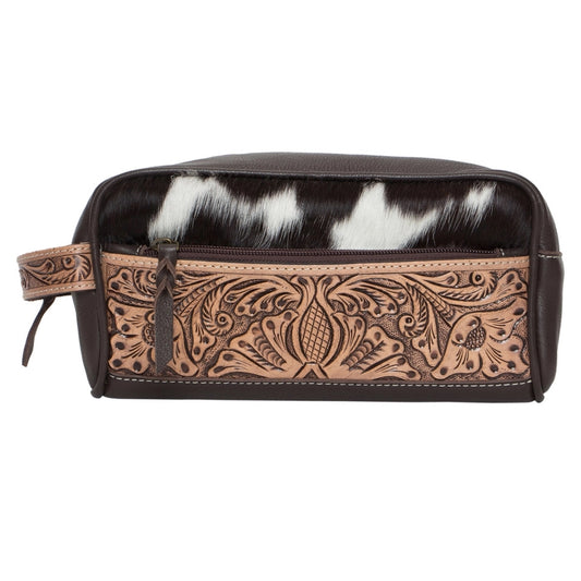 Cowhide & Tooled Leather Toiletries Bag - Brown & White