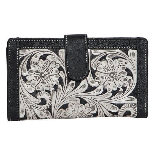 Tooled Carved Leather Clutch Wallet - Black