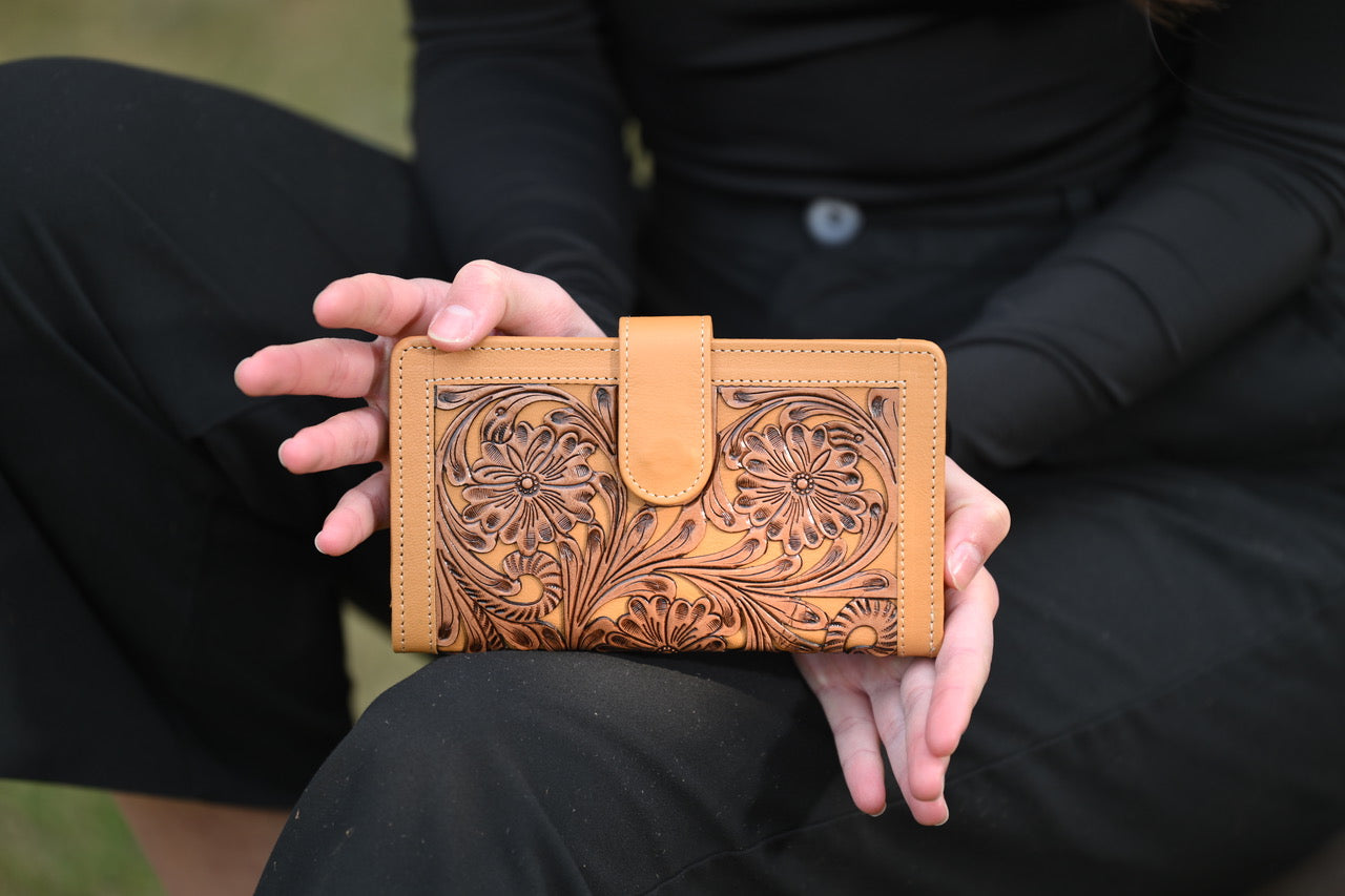 Tooled Carved Leather Clutch Wallet - Black