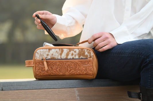 Cowhide & Tooled Leather Toiletries Bag