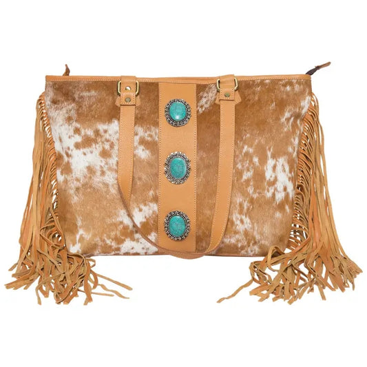 Cowhide Bag With Turquoise Stones And Fringes - Large