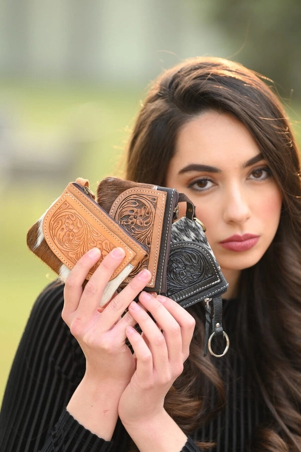 Cowhide Tooled Leather Zip Purse - Black & White