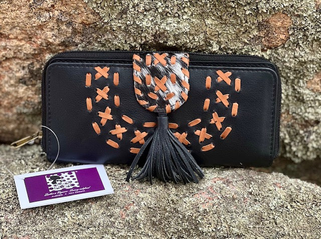 Cowhide & Leather Handcrafted Boho Wallet - Black