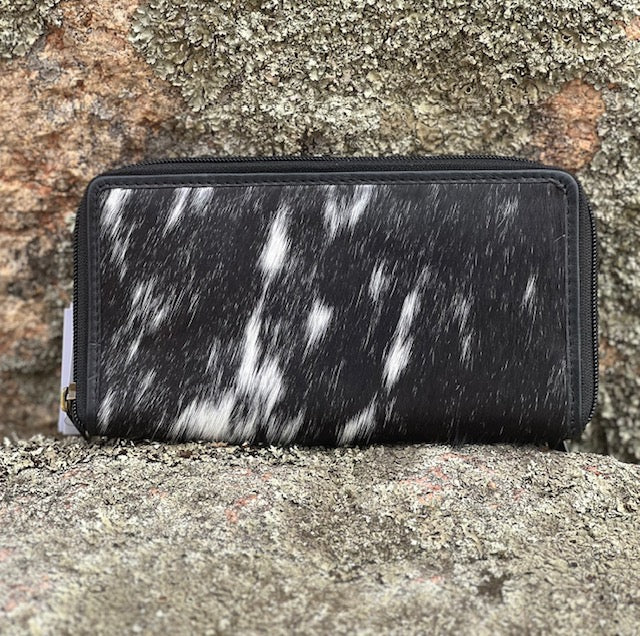 Cowhide Front Zipper Wallet - Black & White