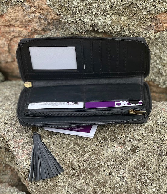 Cowhide Front Zipper Wallet - Black & White