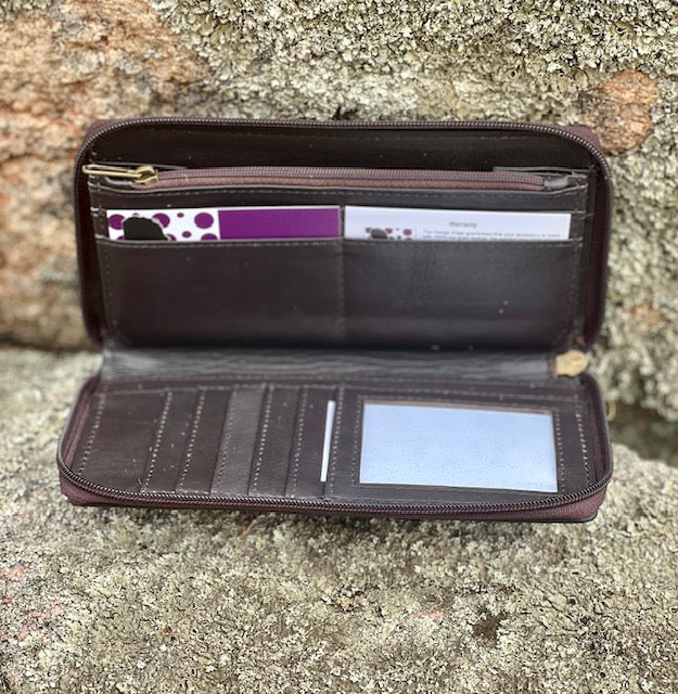 Cowhide Front Zipper Wallet - Brown & White