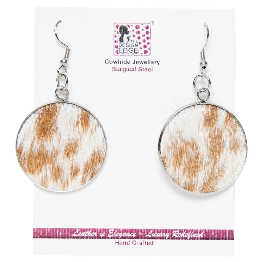 Cowhide Hair On Round Earings - Tan & White