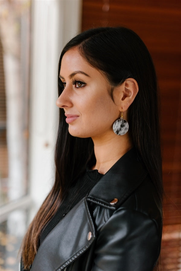 Cowhide Hair On Round Earings - Tan & White