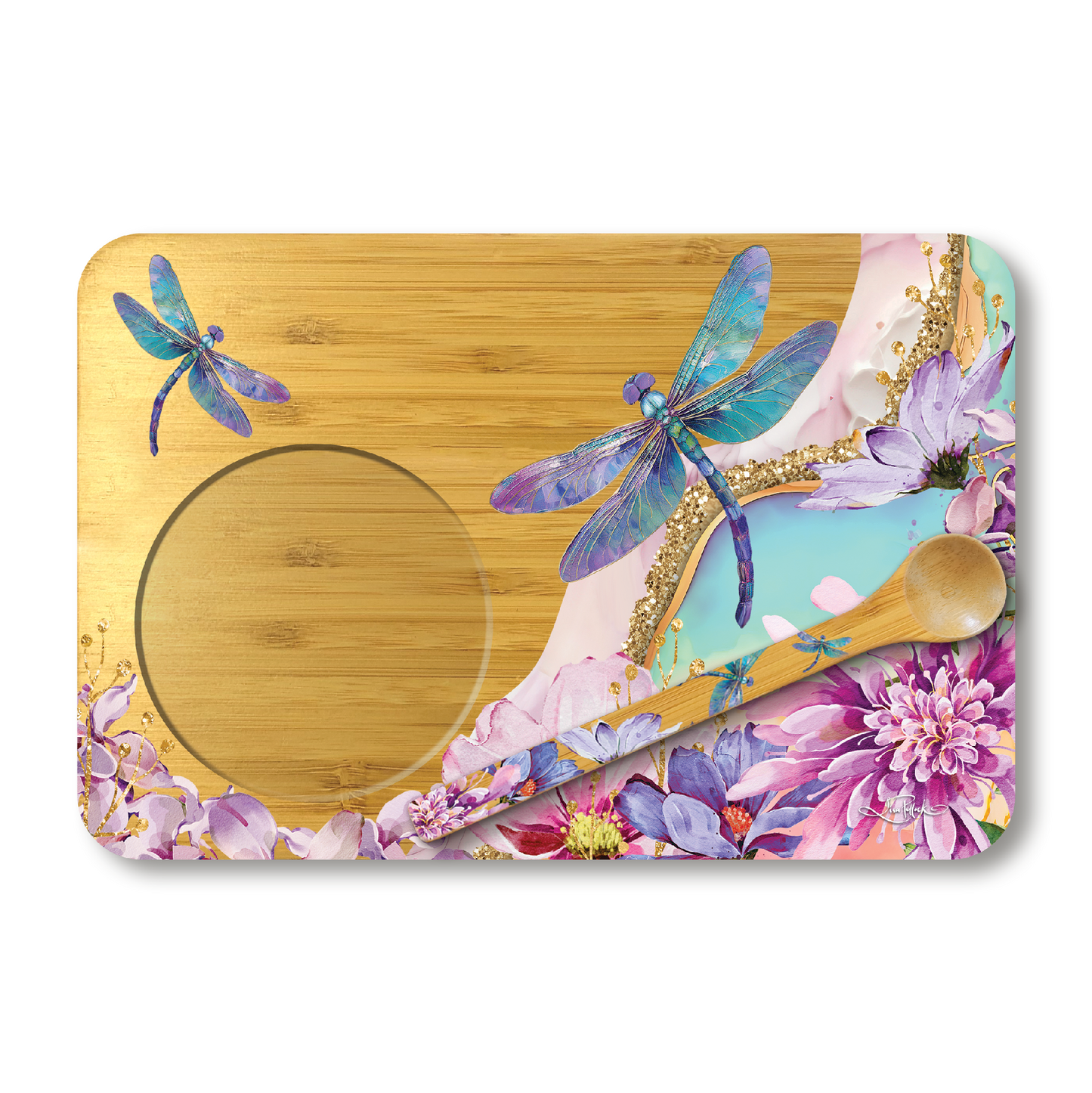 Bamboo Tea Time Tray With Spoon - Delightful Dragonflies