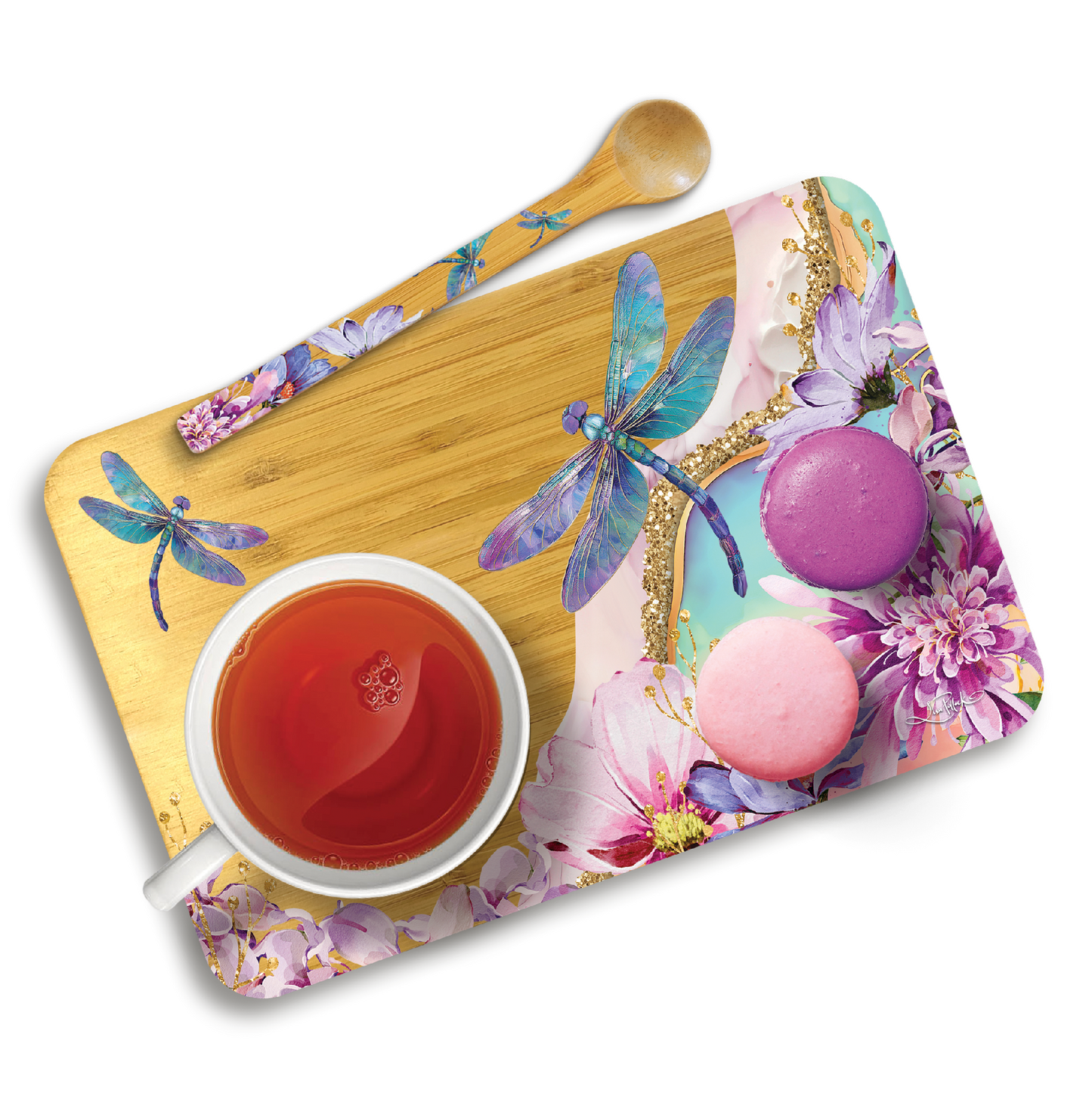 Bamboo Tea Time Tray With Spoon - Delightful Dragonflies