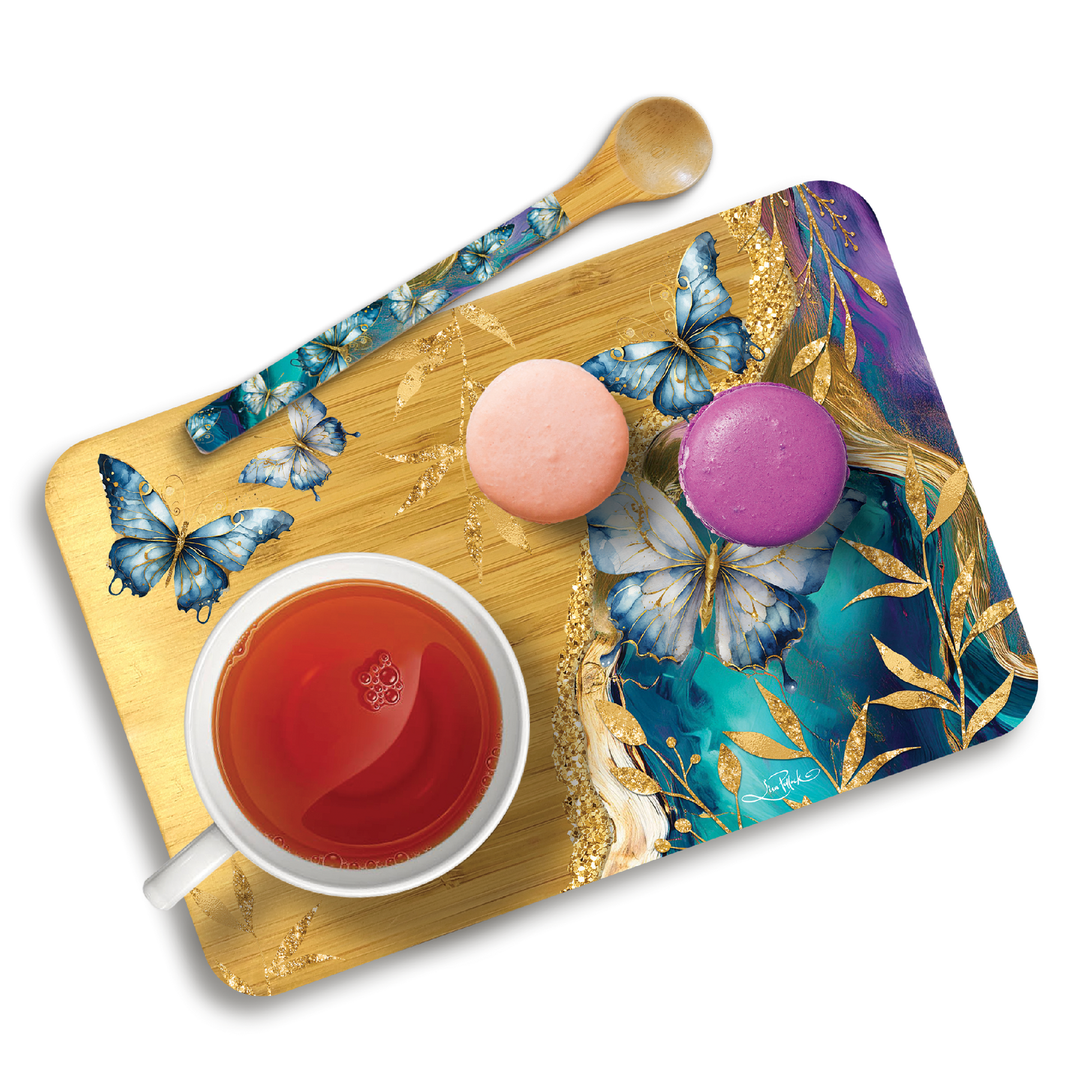 Bamboo Tea Tim Tray With Spoon - Tranquil Butterflies