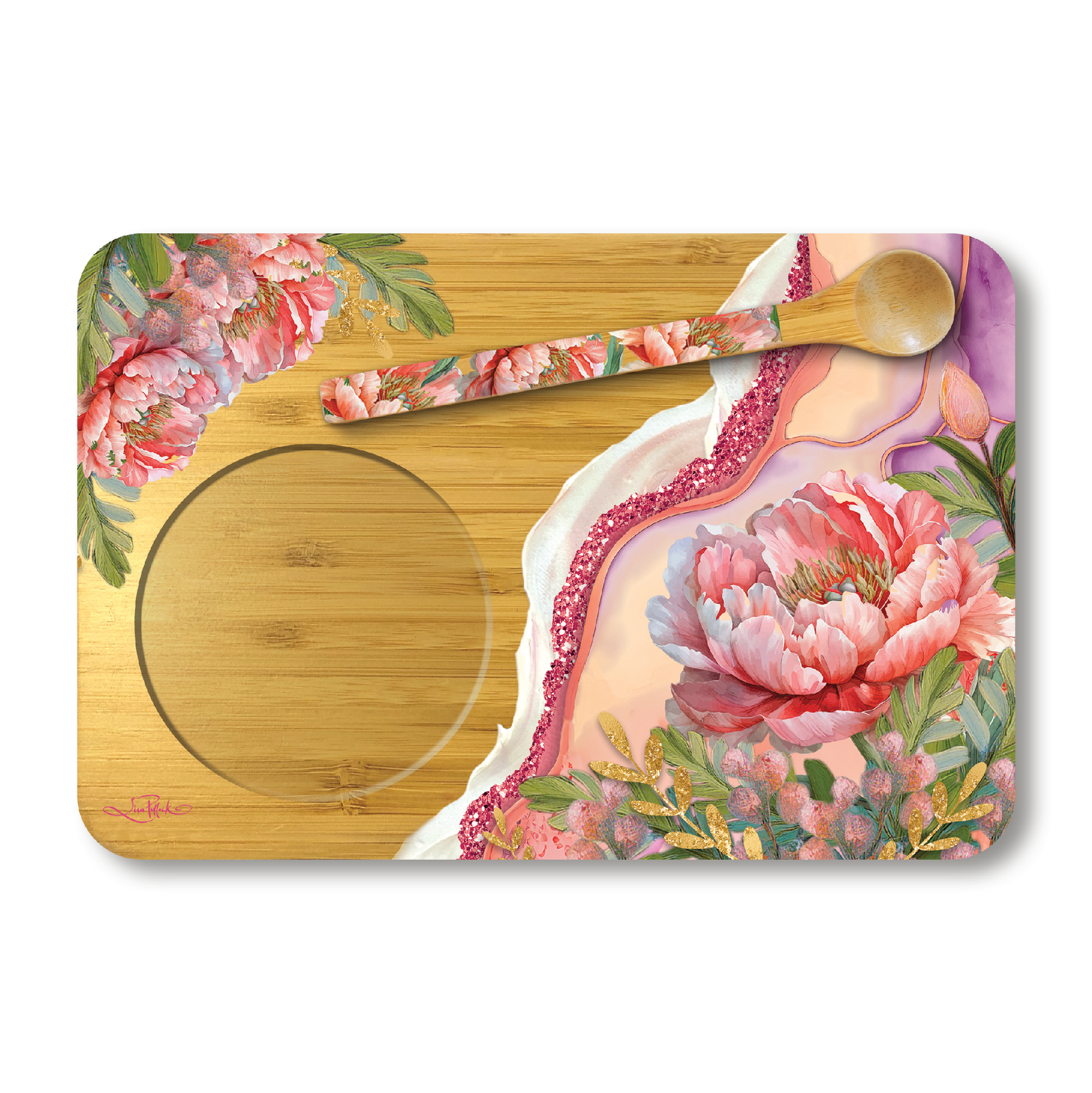 Bamboo Tea Time Tray With Spoon - Coral Peony