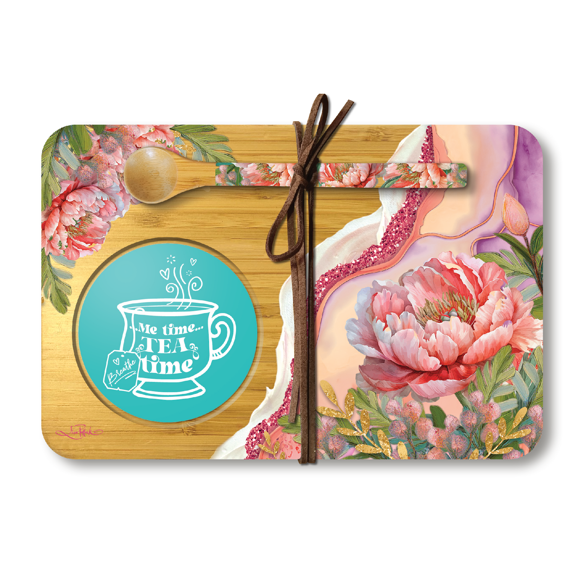 Bamboo Tea Time Tray With Spoon - Coral Peony