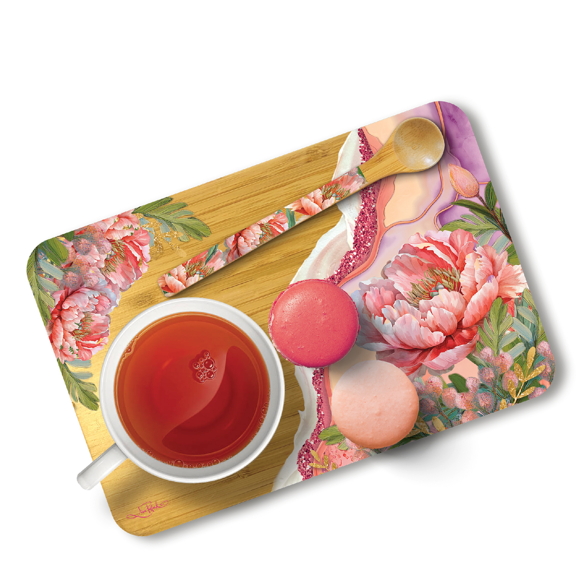 Bamboo Tea Time Tray With Spoon - Coral Peony