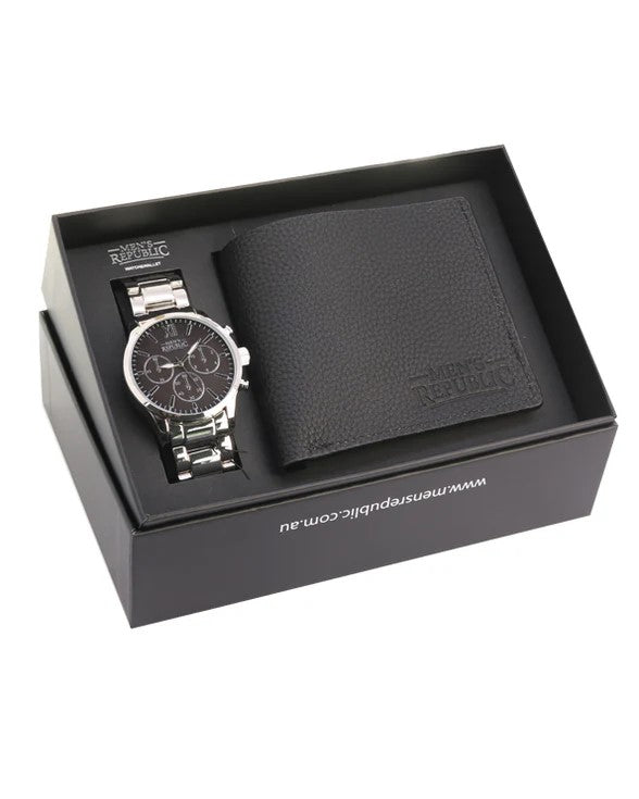 Mens Republic Watch Set W/ Leather Wallet - Black
