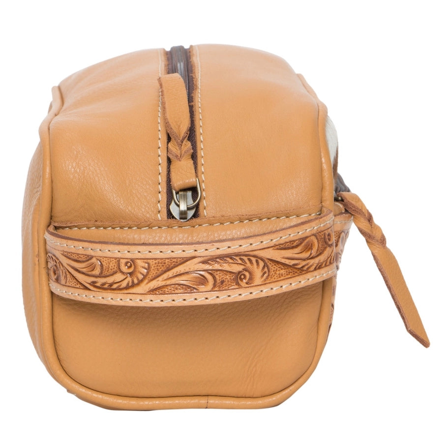 Cowhide & Tooled Leather Toiletries Bag - Brown & White