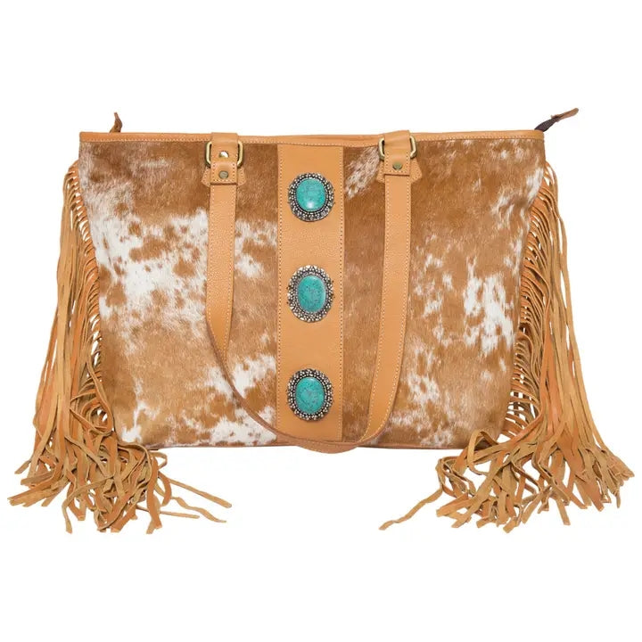 Cowhide Bag With Turquoise Stones And Fringes - Large