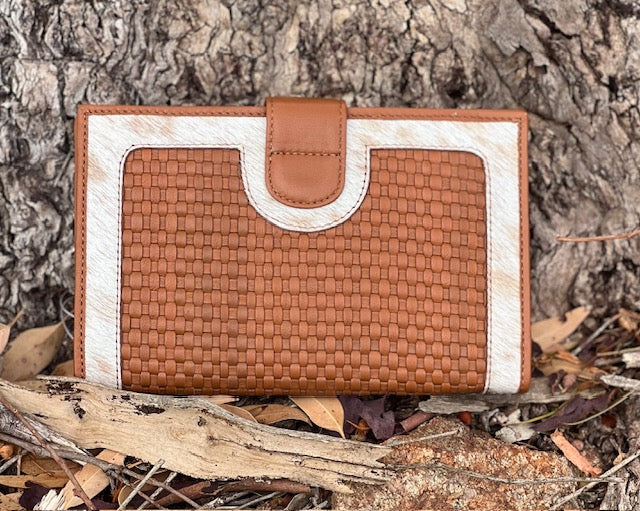 Cowhide & Woven Ladies Wallet - Los Angeles Tan & White