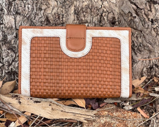 Cowhide & Woven Ladies Wallet - Los Angeles Tan & White