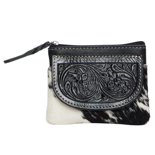 Cowhide Tooled Leather Zip Purse - Black & White