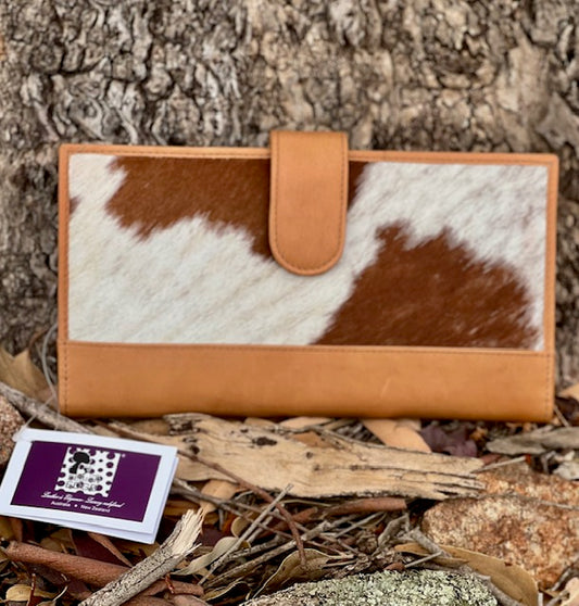Cowhide Travel Clutch Wallet - Tan & White