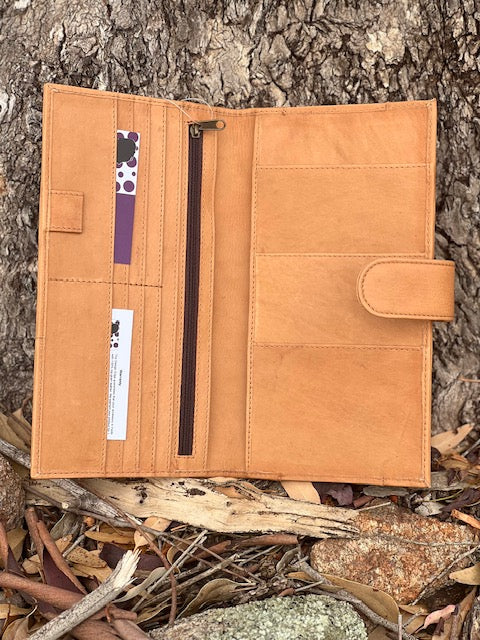 Cowhide Travel Clutch Wallet - Tan & White