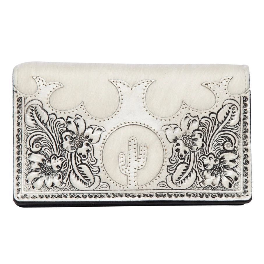 Cowhide Tooled Catctus  Slim Wallet - Black & White