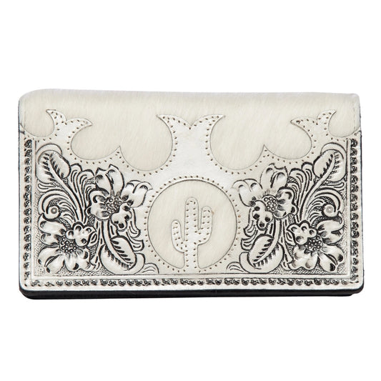 Cowhide Tooled Catctus  Slim Wallet - Black & White