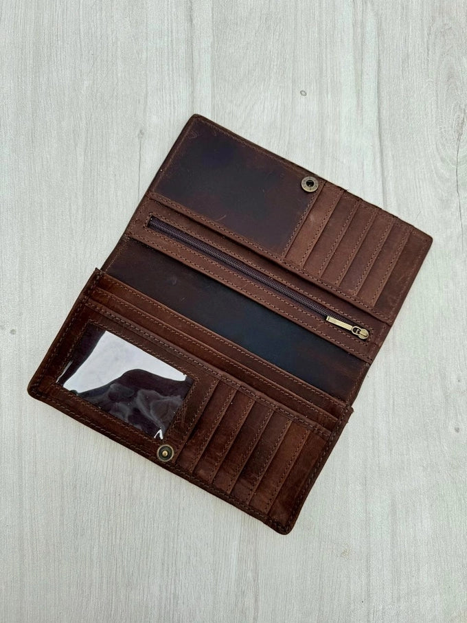 Cowhide Tooled Catctus  Slim Wallet - Black & White