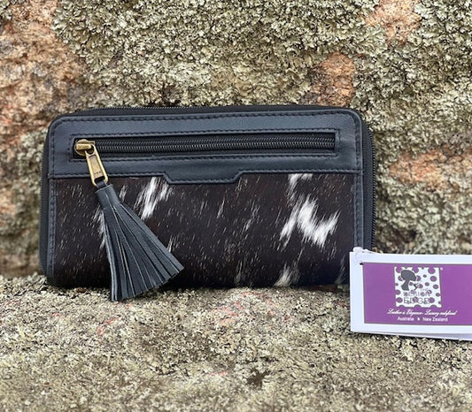Cowhide Front Zipper Wallet - Black & White