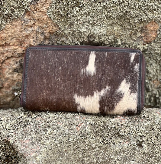 Cowhide Front Zipper Wallet - Brown & White