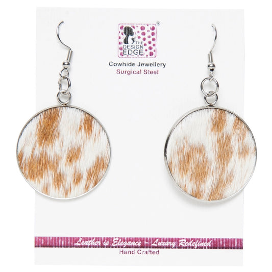 Cowhide Hair On Round Earings - Tan & White