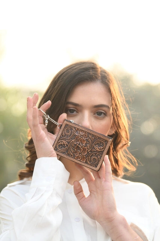 Tooled Leather Card/ Key Case - Brown
