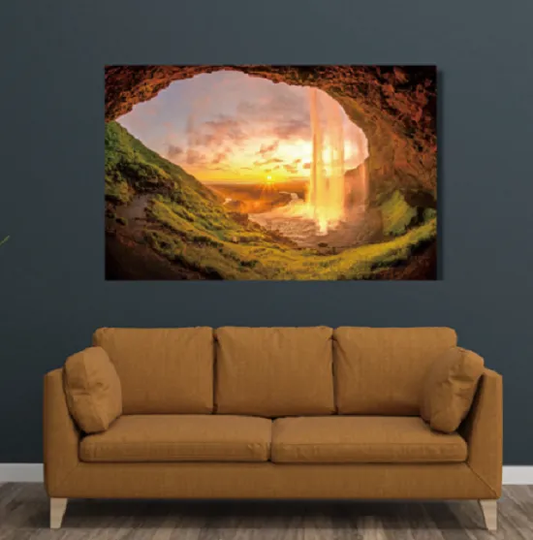 Golden Cascade Tempered Glass Wall Art