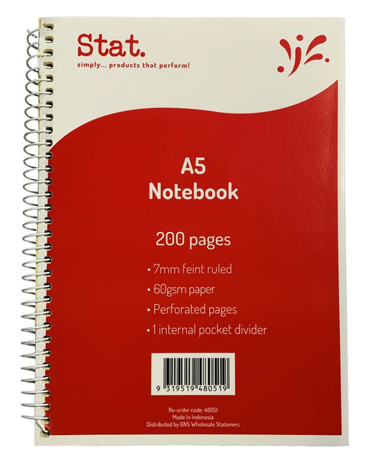 Notebook Stat A5 60gsm 7mm Ruling Board Cover Red 200pg