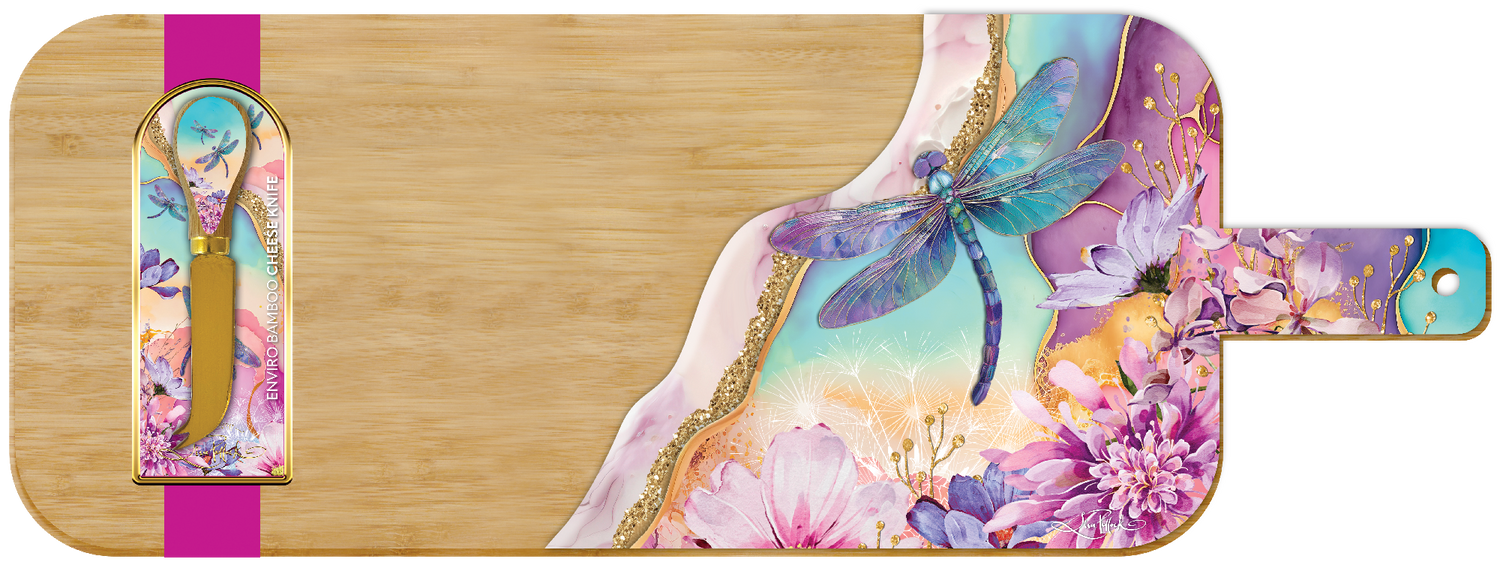 Bamboo Resin Serving Platter With Chesse Knife - Delightful Dragonflies