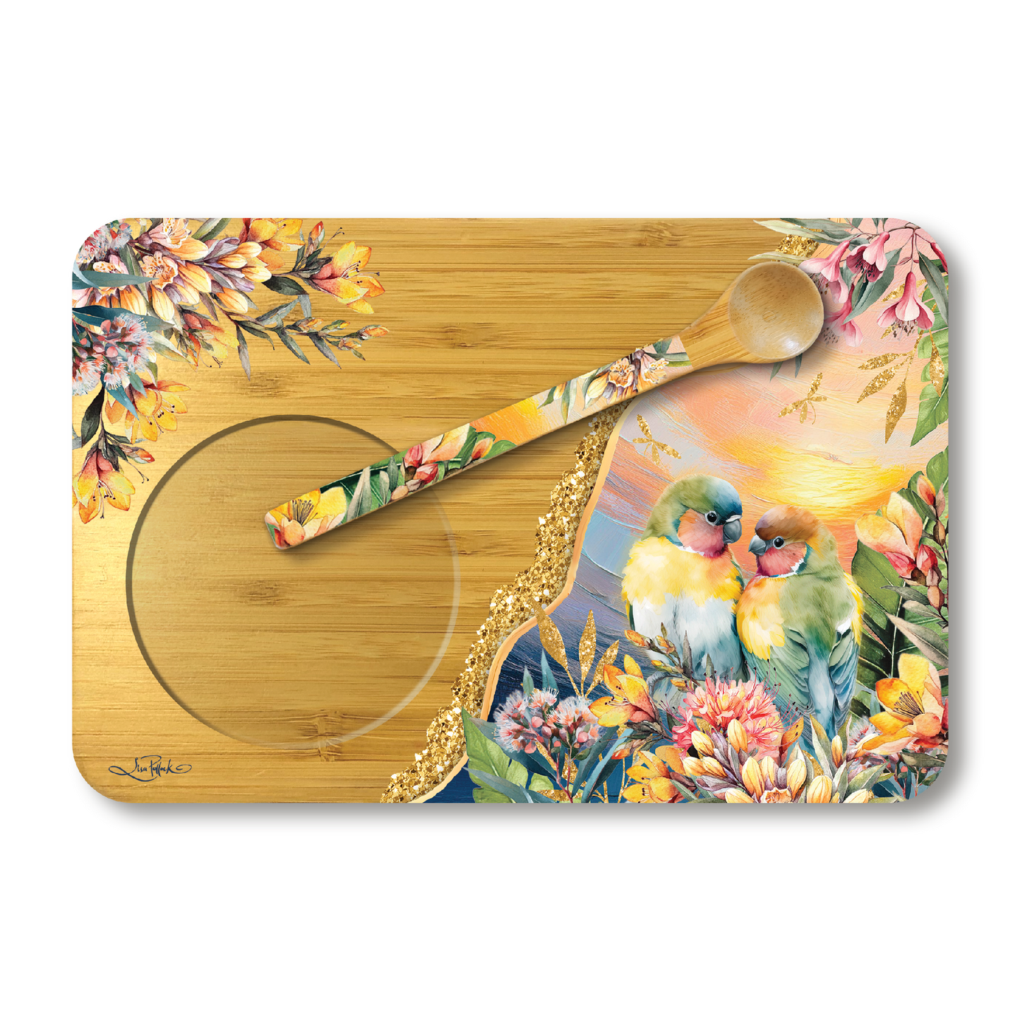 Tea Time  Tray With With Spoon - Sunset Love Birds
