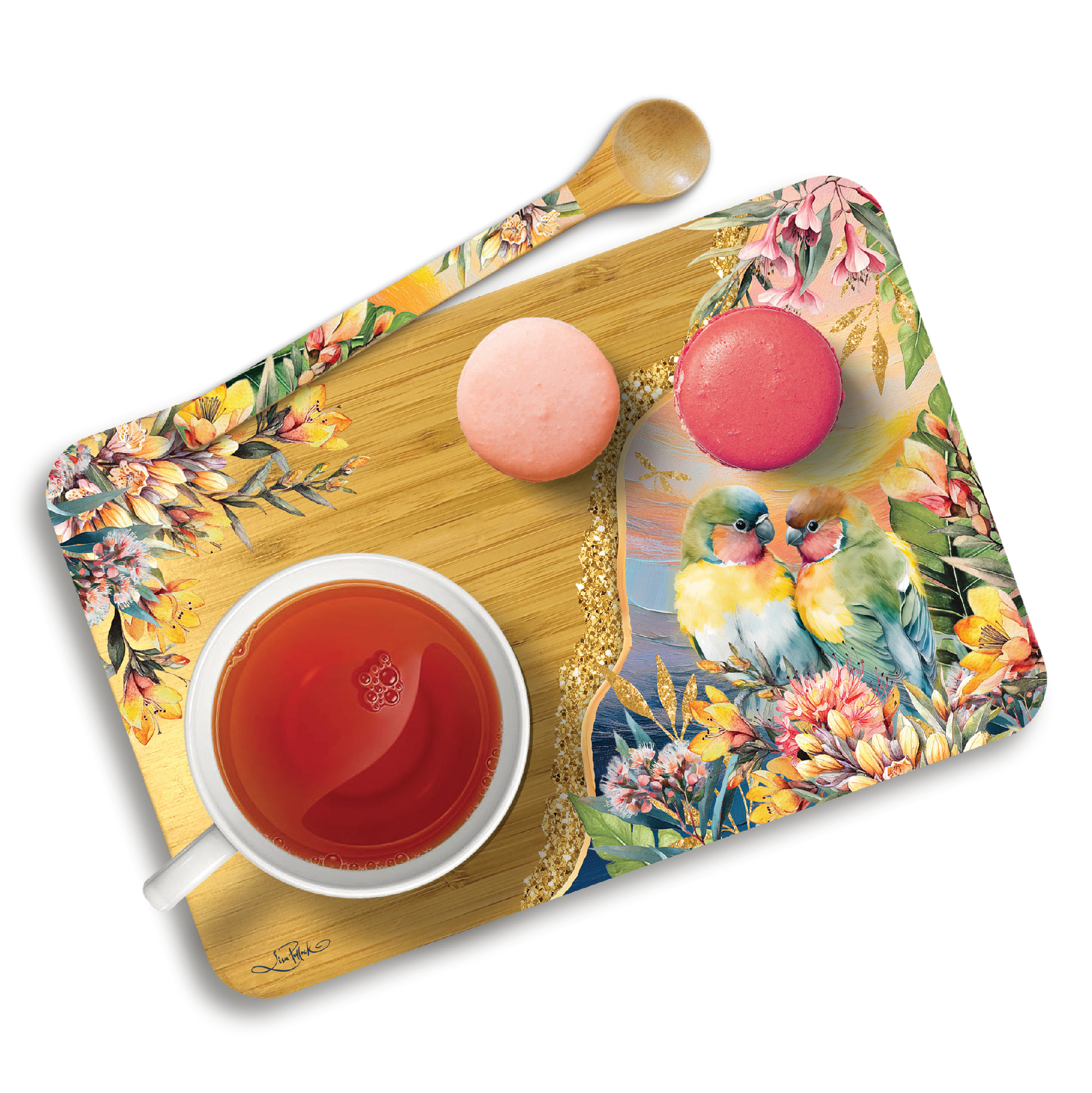 Tea Time  Tray With With Spoon - Sunset Love Birds