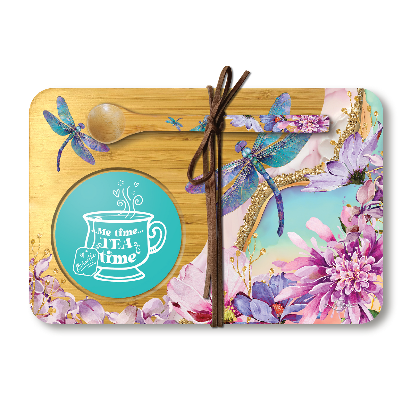 Bamboo Tea Time Tray With Spoon - Delightful Dragonflies