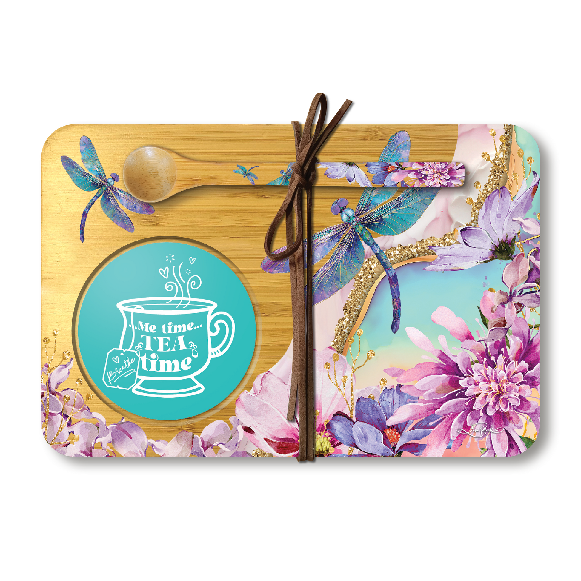 Bamboo Tea Time Tray With Spoon - Delightful Dragonflies