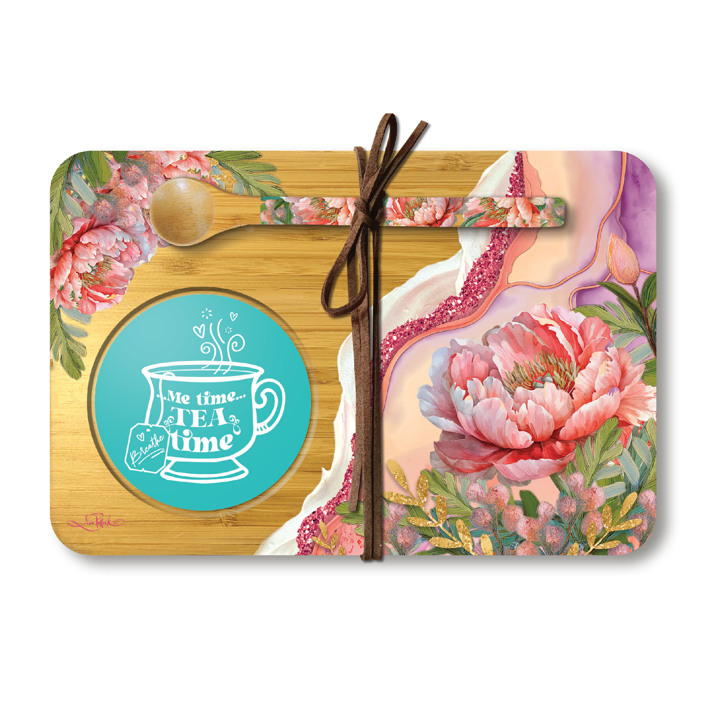 Bamboo Tea Time Tray With Spoon - Coral Peony