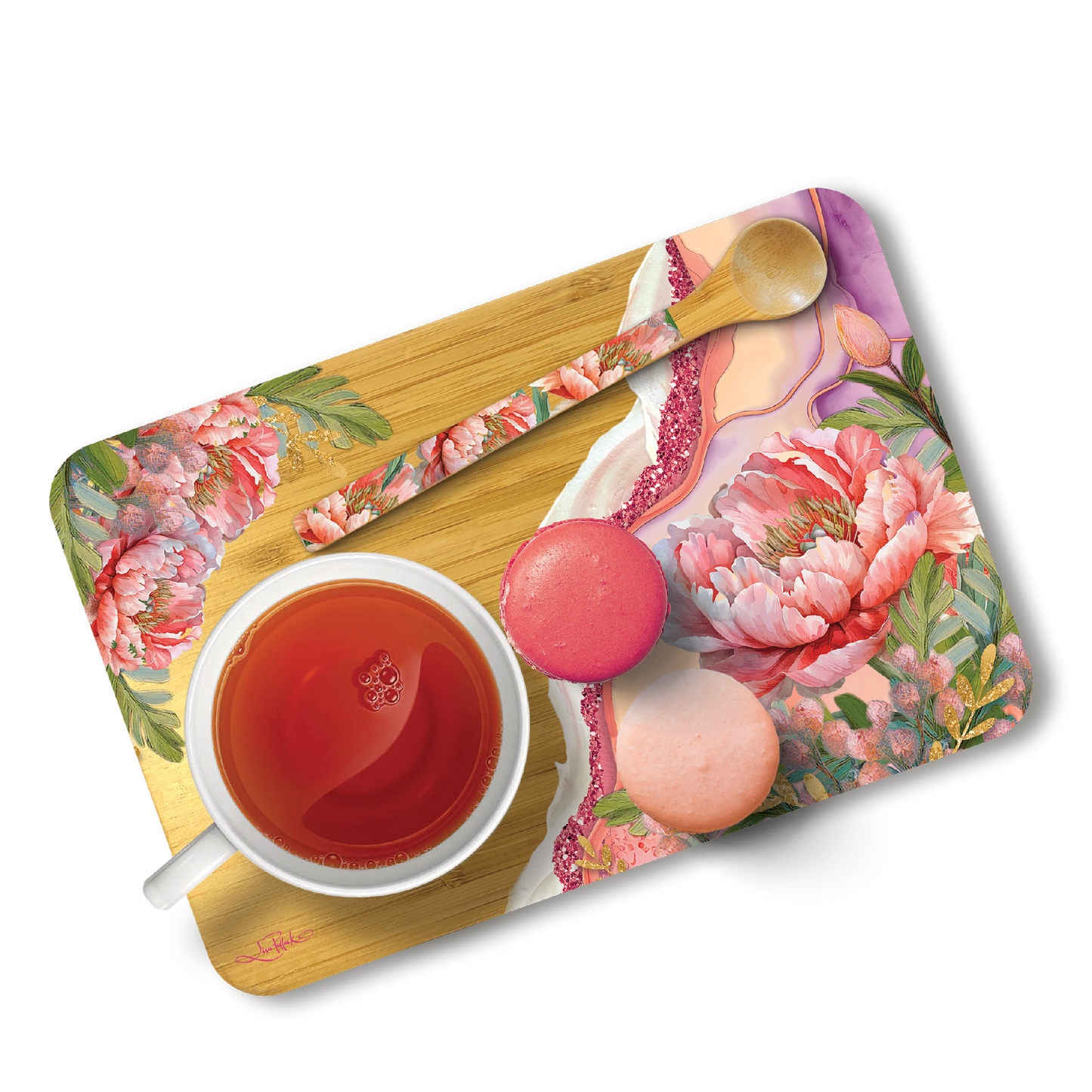 Bamboo Tea Time Tray With Spoon - Coral Peony