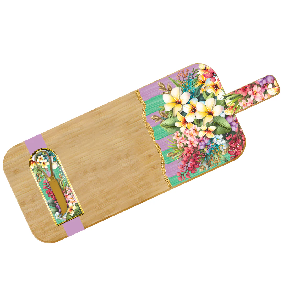 Bamboo Resin Serving Platter With 1 Matching Cheese Knife [desn:paradise Bloom]