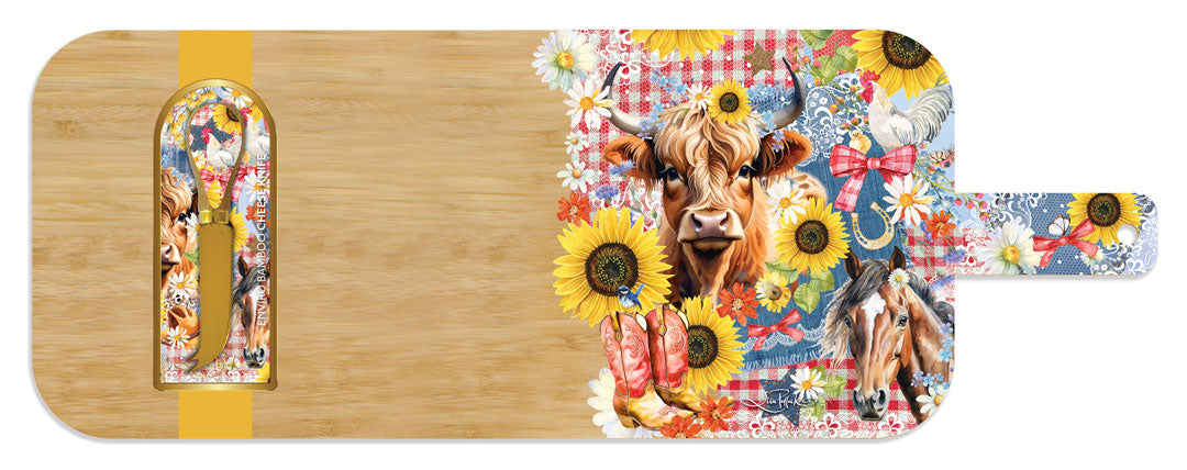 Bamboo Resin Serving Platter With 1 Matching Cheese Knife [desn:paradise Bloom]