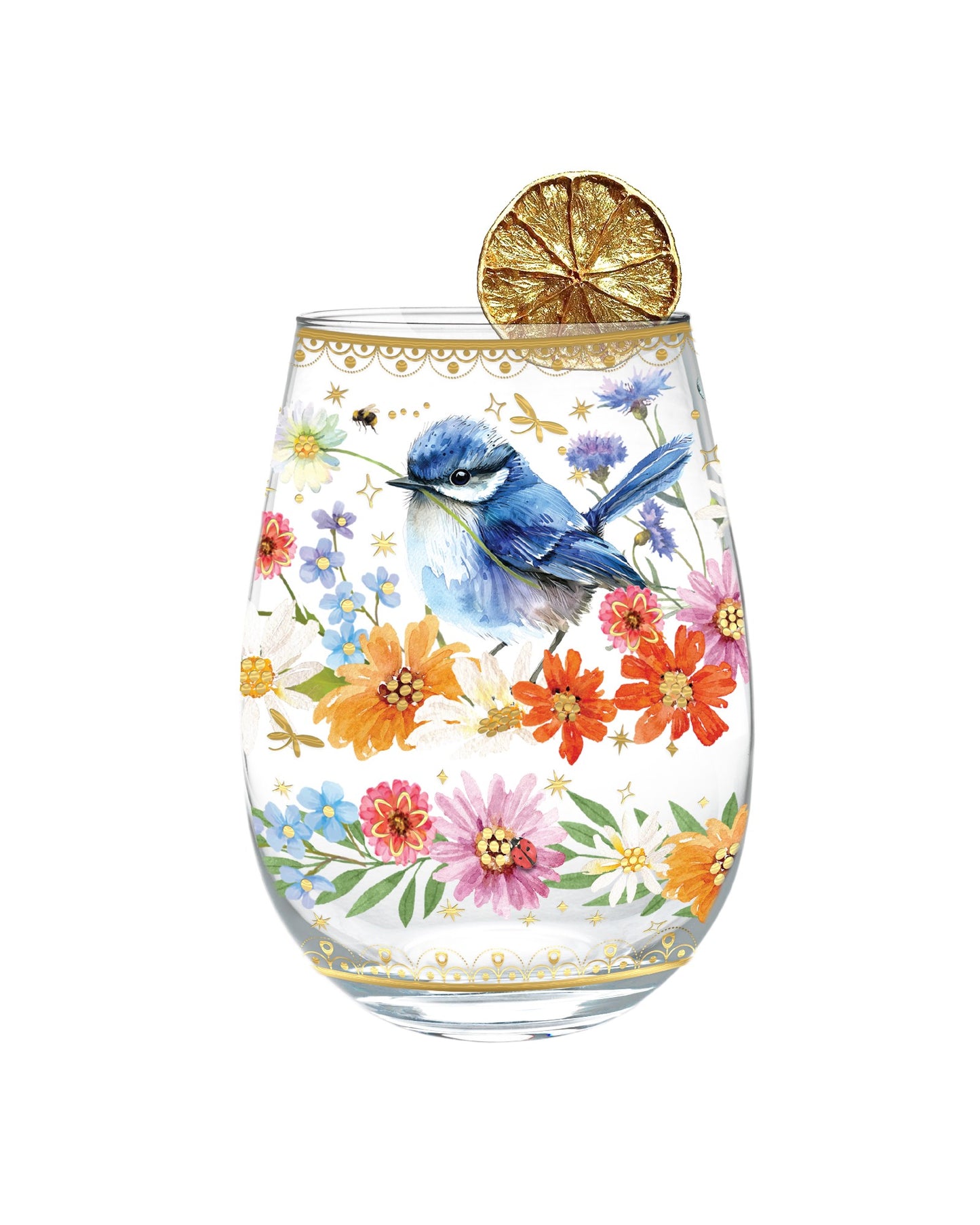 Golden Glamour Stemless Glasses [desn:butterfly Orchids]