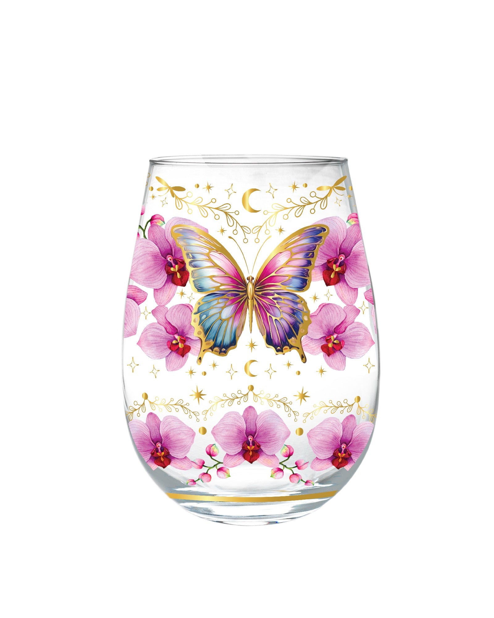 Golden Glamour Stemless Glasses [desn:butterfly Orchids]