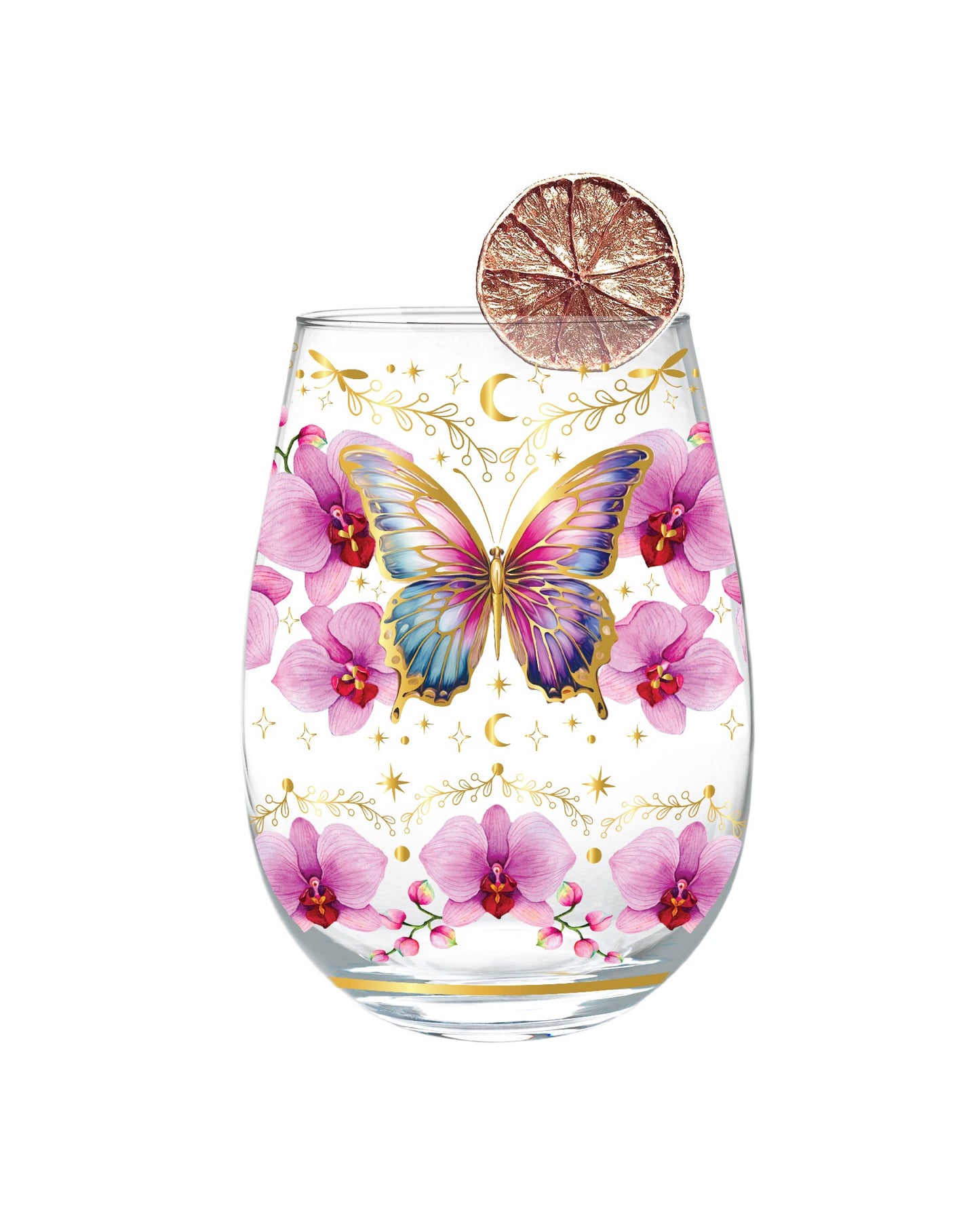Golden Glamour Stemless Glasses [desn:butterfly Orchids]
