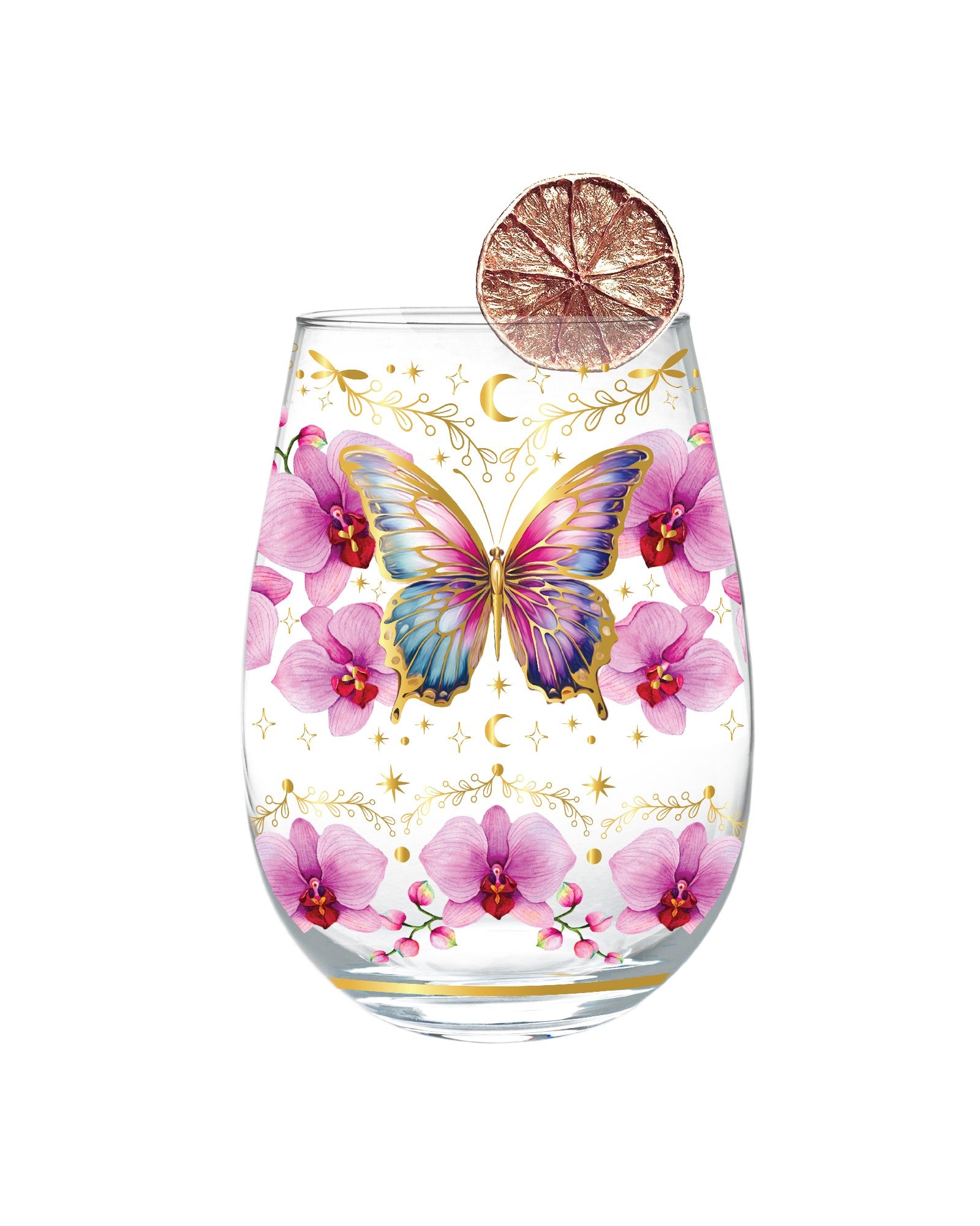 Golden Glamour Stemless Glasses [desn:butterfly Orchids]