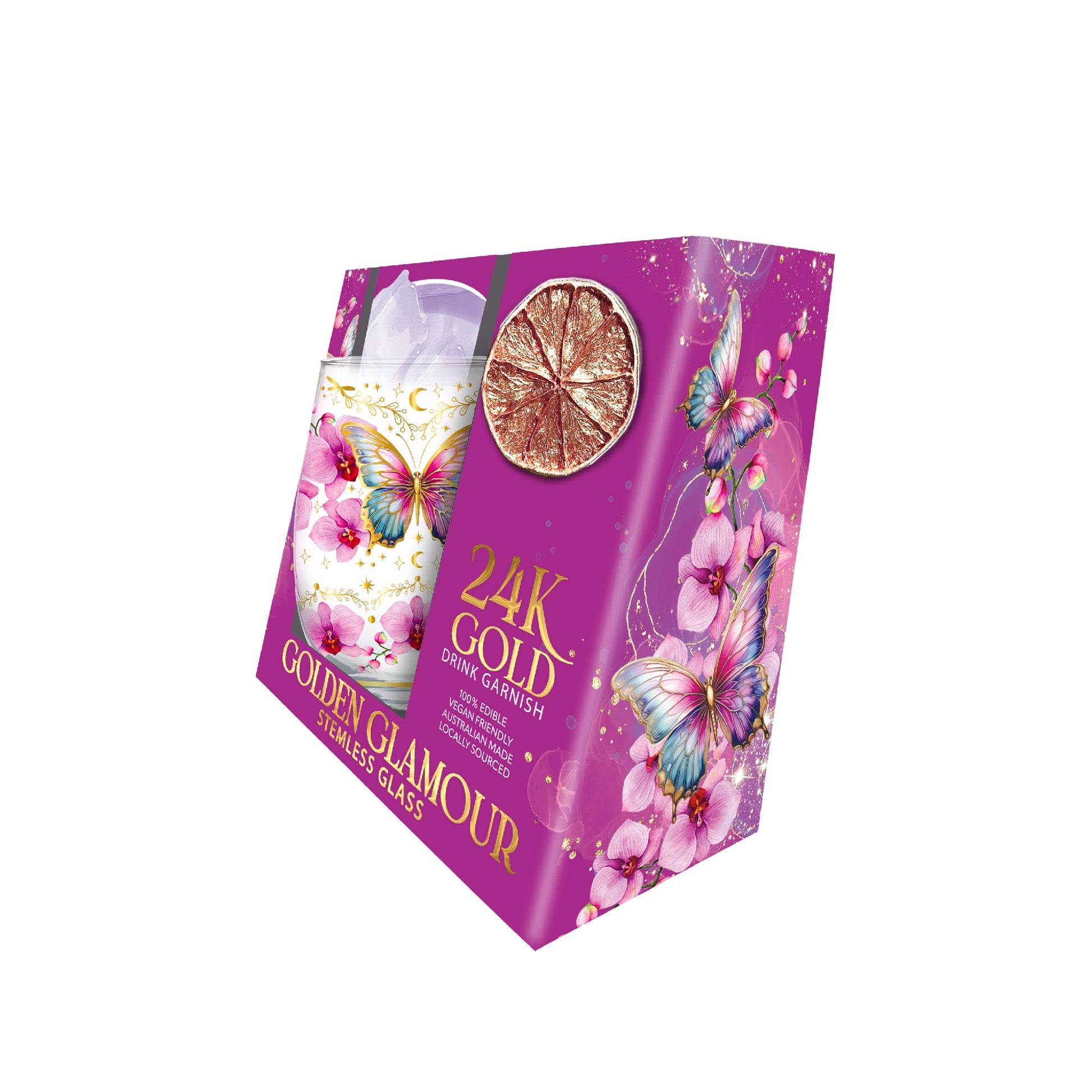 Golden Glamour Stemless Glasses [desn:butterfly Orchids]